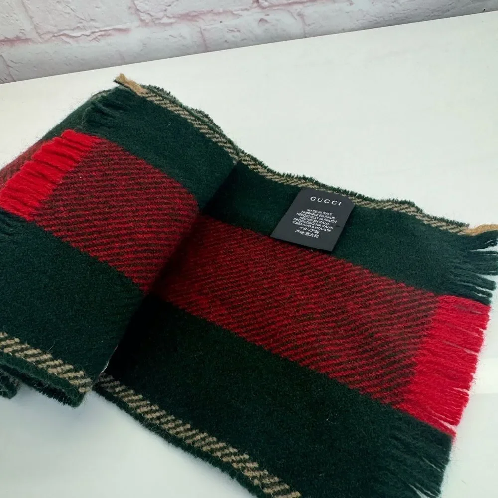 Gucci Classic Web Stripe Wool Fringe Scarf